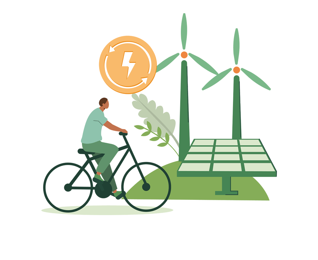 Illustration zur regenerativen Energiegewinnung mit Windkrafträdern und Solarpanels